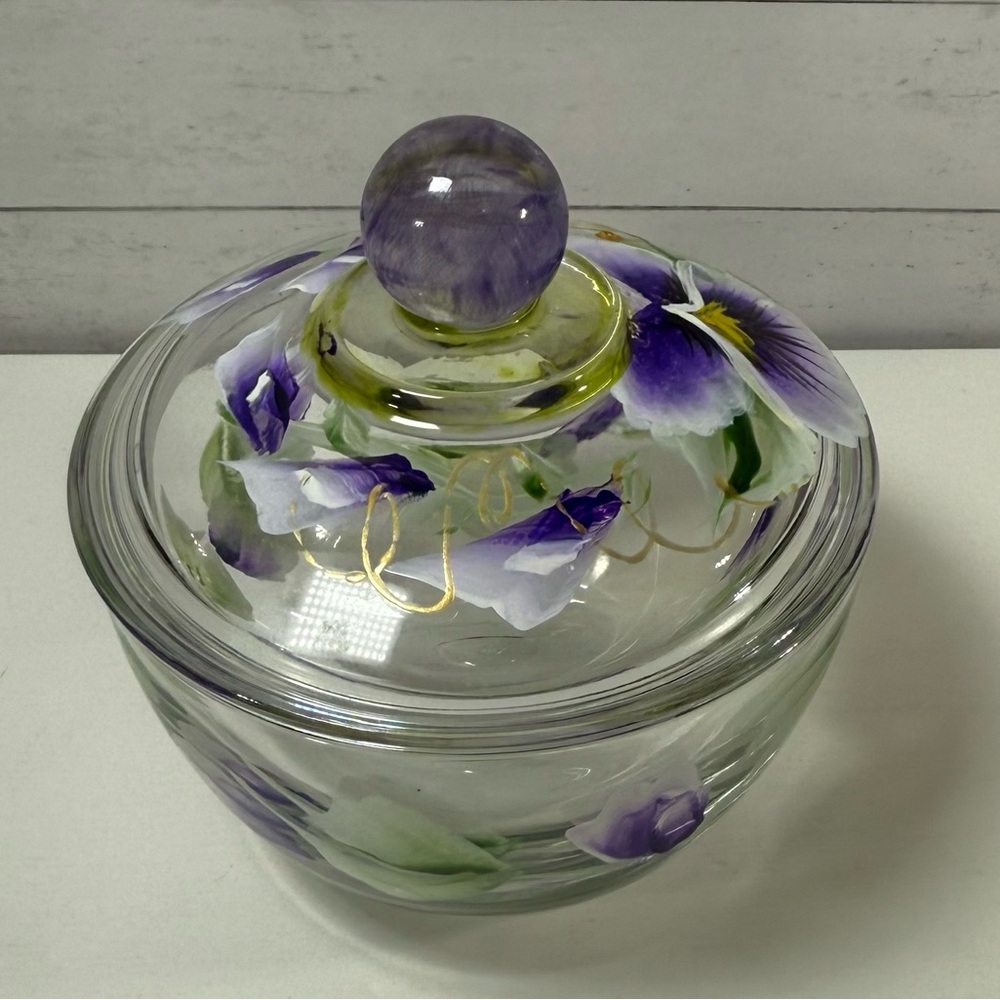 Hand Painted Glass Lavender Pansies Flowers Candy Trinket Jar Dish w Lid